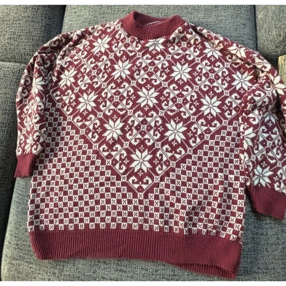 Vintage American Pride Burgundy Snowflake Fair Isle Sweater Womens 20W Made‎ USA